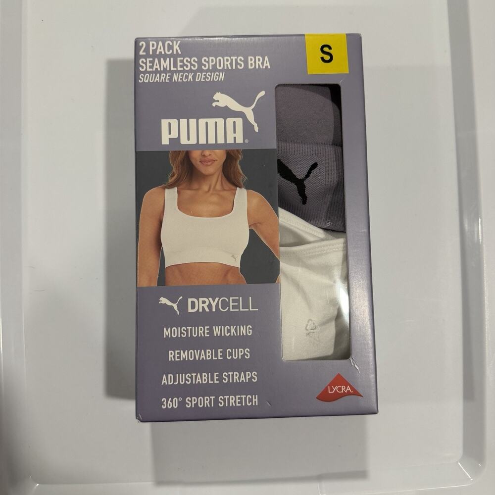 Puma Women's Sports Bra Size Small ,2-Pack, White/ Purple ,Seamless, New